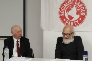 Takis Fotopoulos and Arthur Scargill in the public meeting of SLP